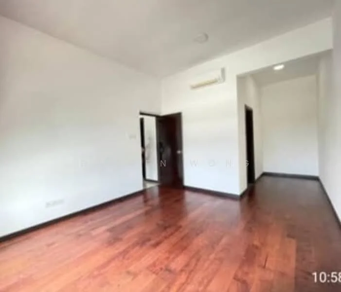 Room features: wooden flooring, white painted walls, ceiling-mounted air conditioning unit, door leading to another room, large window, high ceiling, minimalist design; style: modern.