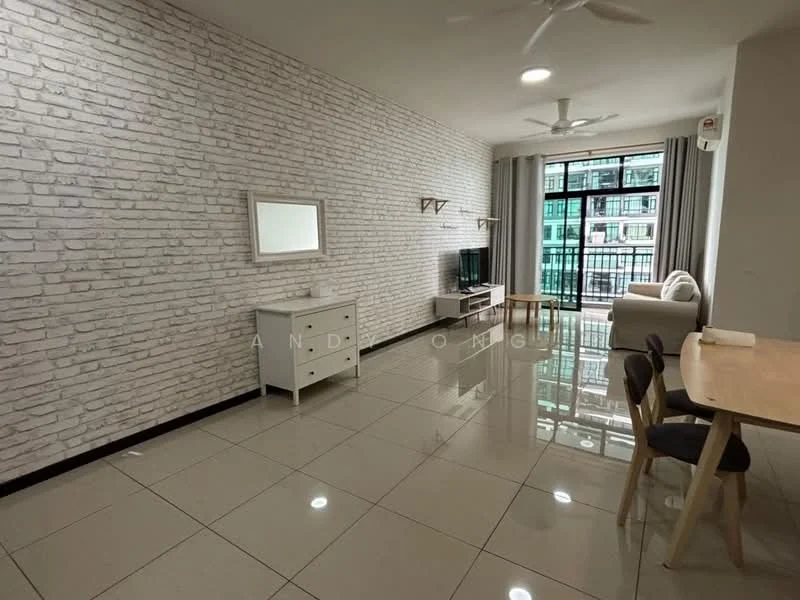 Living features: white painted walls with brick pattern, glossy tile flooring, 5-blade ceiling fan with light, wall-mounted TV, TV console, sofa in light color, dining table with wooden legs, 4 dining chairs, large sliding glass door, curtains, decorative mirror; style: modern.