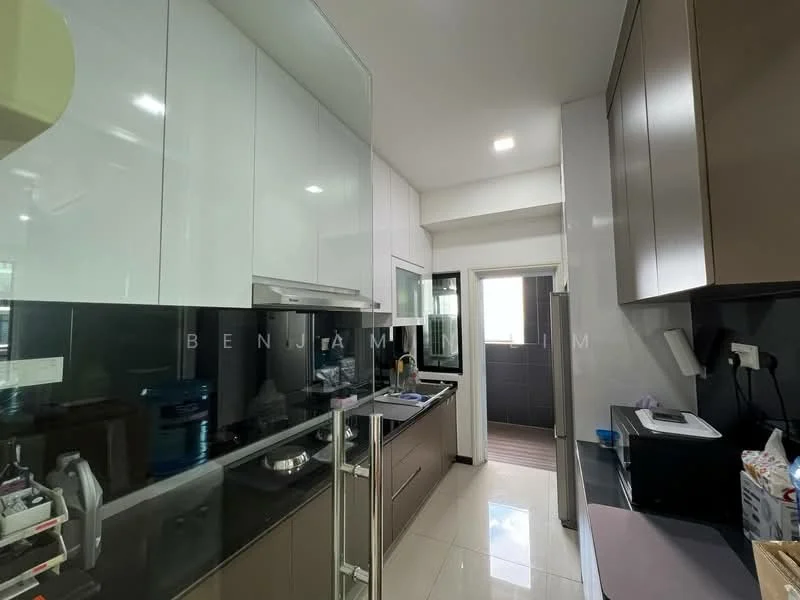 Kitchen features: white glossy cabinets, dark grey lower cabinets, black countertop, stainless-steel sink, chrome pull-down faucet, built-in oven, glass cooktop, refrigerator, tile backsplash, wall-mounted cabinets, window with view to outside, recessed lighting, ceramic tile flooring; style: modern.