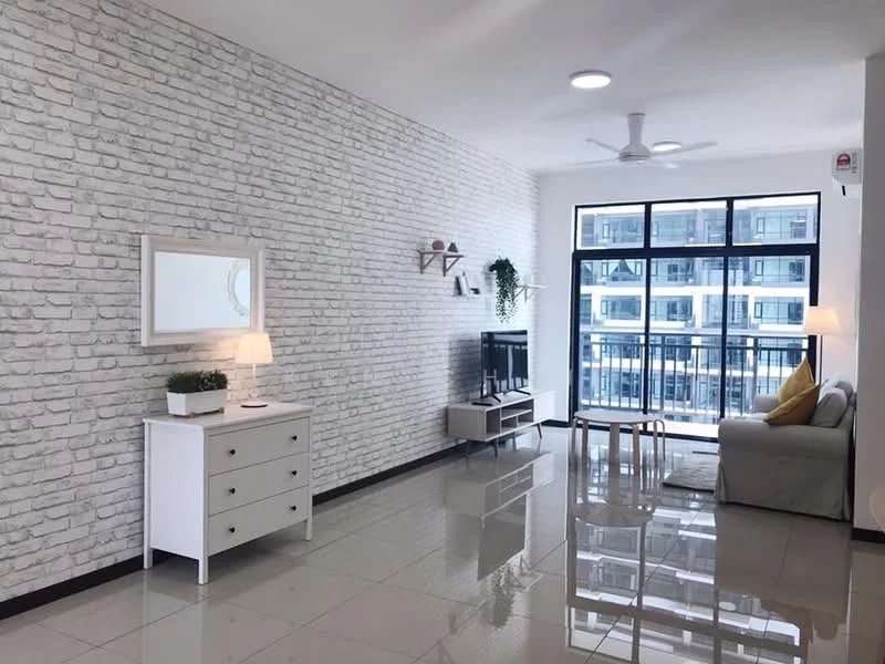 Living features: white painted walls with brick pattern, glossy tile flooring, 5-blade ceiling fan with light, floor-to-ceiling windows, sliding glass door, grey fabric sofa, wooden coffee table, white dresser with drawers, table lamp, decorative wall shelf with plants, TV console, wall-mounted TV; style: modern; view: city.