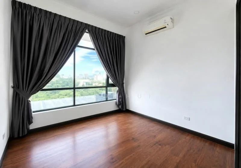 Room features: floor-to-ceiling windows, blackout curtains, wooden flooring, wall-mounted split AC, white painted walls, city view; style: modern; view: city.