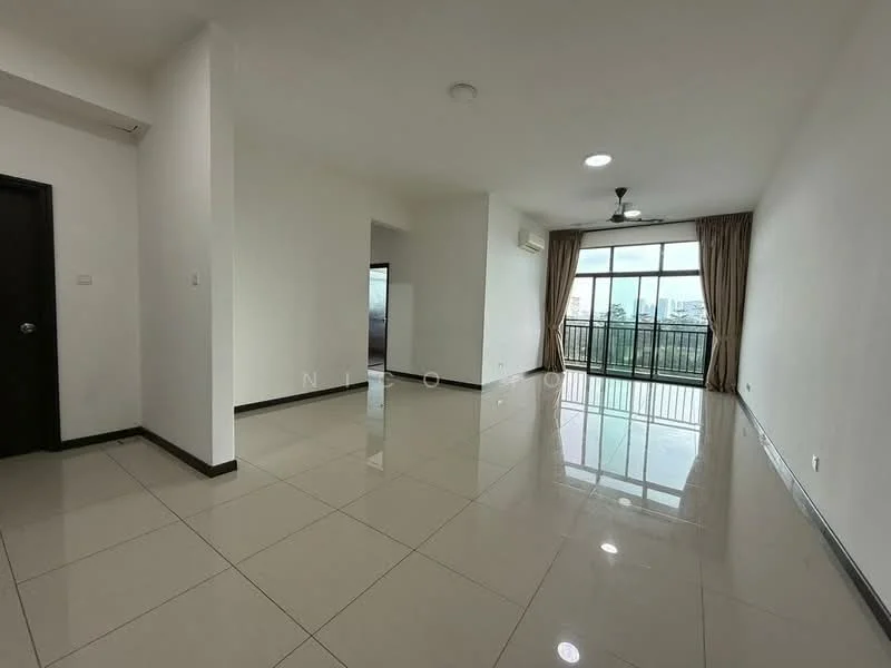 Living features: white painted walls, glossy ceramic tile flooring, 5-blade ceiling fan with light, floor-to-ceiling windows, curtains, recessed downlights, open layout, balcony access; style: modern; view: city.