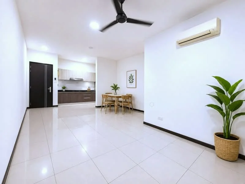 Living features: white painted walls, glossy ceramic tile flooring, 5-blade ceiling fan with light, wall-mounted split AC, dining table with four chairs, potted plant, recessed lighting, open layout to kitchen, large entry door, neutral color scheme; style: modern. Kitchen features: wood cabinetry, stainless-steel appliances, countertop with backsplash, open layout to living area; style: modern.