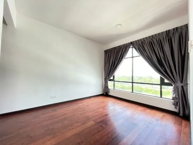 Room features: white painted walls, dark wood flooring, large floor-to-ceiling windows, grey curtains, natural light, view of greenery; style: modern; view: garden.