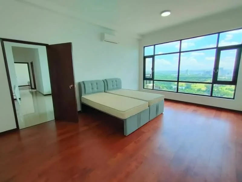 Bedroom features: wooden flooring, large floor-to-ceiling windows, unfurnished bed frame, white painted walls, 1 wall-mounted split AC, recessed ceiling light, city view, natural light; style: modern; view: city.