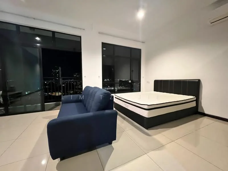 Bedroom features: king-size bed frame without mattress, blue fabric sofa, floor-to-ceiling windows, city skyline view, white painted walls, glossy tile flooring, air conditioning unit, recessed downlights; style: modern; view: city.