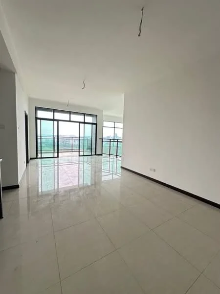 Living features: white painted walls, glossy marble tile flooring, floor-to-ceiling windows, sliding glass door, high ceiling, neutral color scheme, open layout, city view; style: modern; view: city.