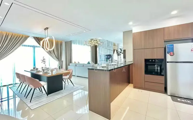 Kitchen features: brown wood cabinetry, built-in oven, stainless-steel fridge, black countertop, white backsplash, recessed downlights, pendant light, ceramic tile flooring; style: modern; view: city. Dining features: 6-seater dining table, upholstered dining chairs in pink, decorative centerpiece, area rug, floor-to-ceiling windows, curtains, chandelier; style: modern; view: city. Living features: light grey sofa, coffee table, decorative pillows, wall-mounted TV, area rug, floor-to-ceiling windows, curtains; style: modern; view: city.