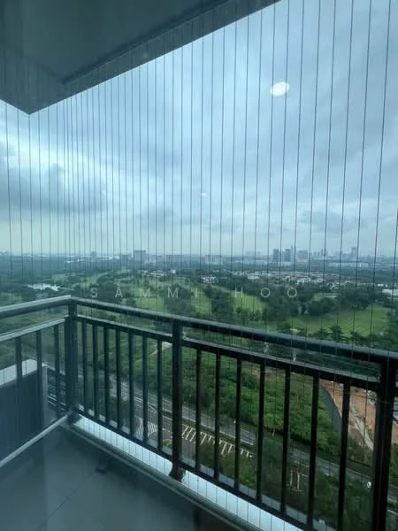 Room features: glass balcony railing, sliding glass door, grey tiled flooring, outdoor view, city skyline view, green landscape view, overcast sky; style: modern; view: city.