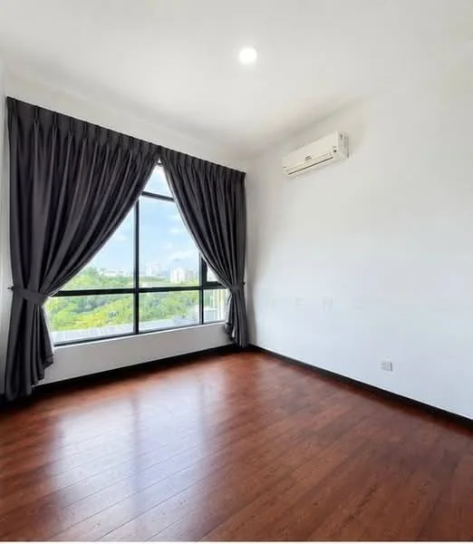 Bedroom features: floor-to-ceiling window, grey curtains, wooden flooring, wall-mounted split AC, white painted walls, recessed ceiling lights; style: modern; view: city.