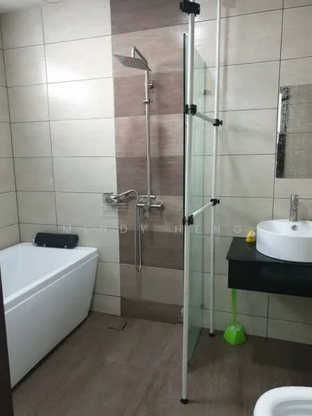 Bathroom features: freestanding bathtub, walk-in shower with glass enclosure, rain shower head, handheld shower, single-sink vanity with round basin, black countertop, chrome basin mixer, tile cladding on walls, wood-look tile flooring, mirror above vanity, toilet, green toilet brush holder; style: modern.