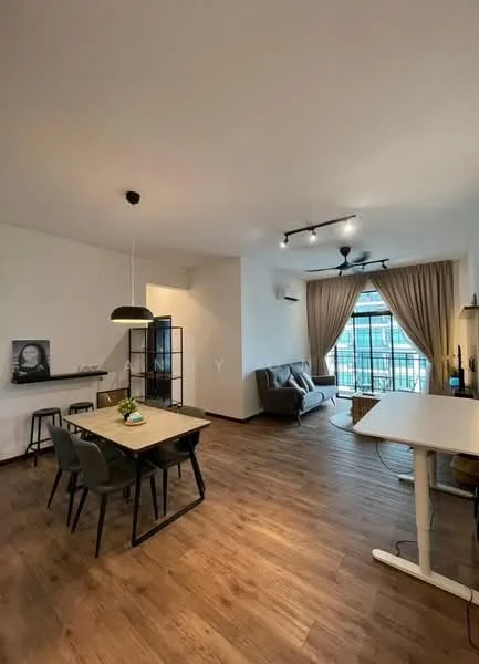 Living features: wooden flooring, white painted walls, recessed downlights, 5-blade ceiling fan, sofa in grey fabric, dining table with black legs, 4 dining chairs, floor-to-ceiling windows with sheer curtains, decorative plant on table, black shelving unit, curtains in beige, wall-mounted TV; style: modern; view: city.