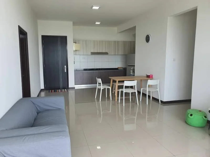 Living features: grey fabric sofa, white dining table, 4 white dining chairs, tile flooring, white painted walls, recessed ceiling lights, wall clock, open kitchen layout, kitchen cabinetry, kitchen countertop, kitchen appliances visible; style: modern.