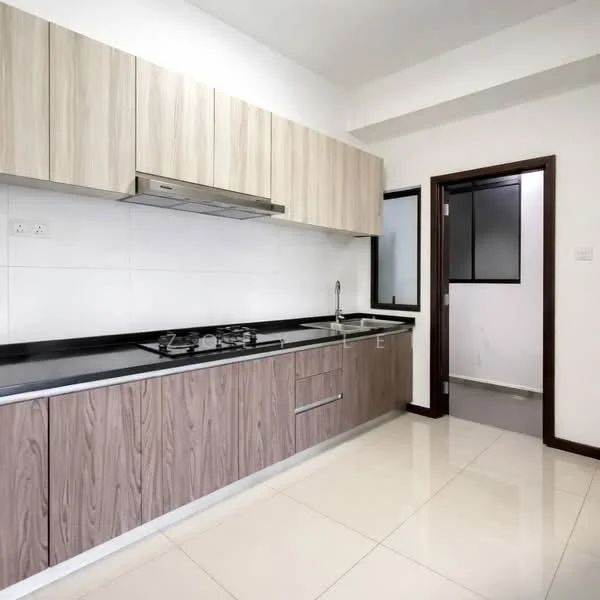 Kitchen features: laminate cabinetry in light wood finish, black granite countertop, stainless-steel sink, chrome pull-down faucet, built-in gas hob with 2 burners, stainless-steel range hood, white tiled walls, glossy ceramic tile flooring, window with frosted glass, door leading to hallway; style: modern.