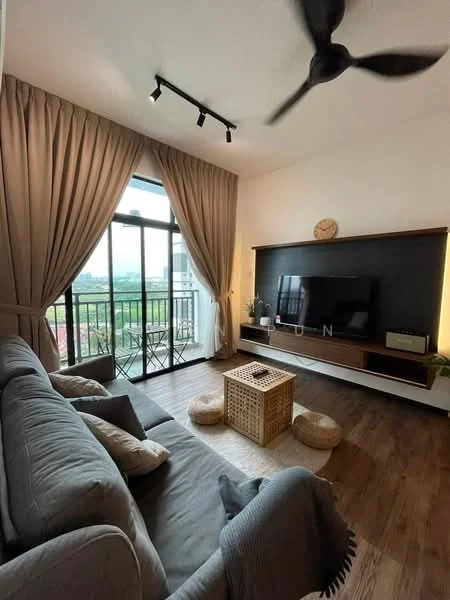 Living features: 3-seater fabric sofa in grey, wooden coffee table, TV console, wall-mounted TV, floor-to-ceiling windows, sheer curtains, recessed LED downlights, ceiling fan, wood laminate flooring, decorative wall clock, area rug, potted plants; style: modern; view: garden.