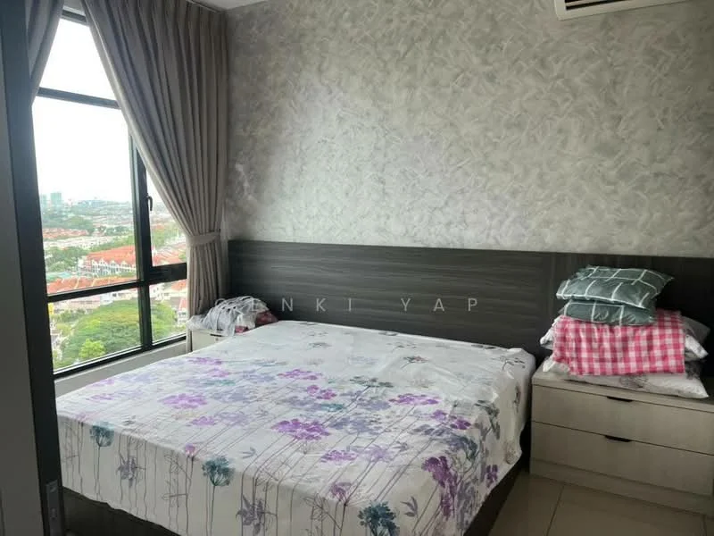 Bedroom features: king-size bed with floral bedding, grey upholstered headboard, wooden bedside table, floor-to-ceiling window, sheer curtains, decorative cushions, grey accent wall, laminate flooring, air conditioning unit; style: modern; view: city.