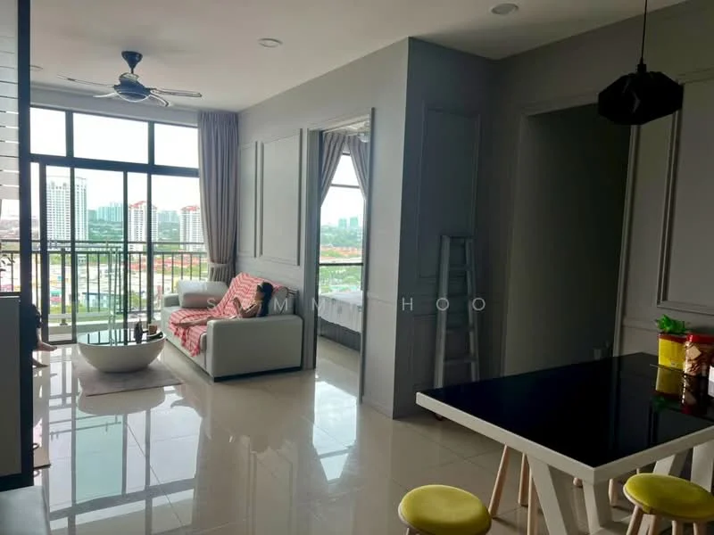 Living features: 3-seater fabric sofa in white, coffee table, floor-to-ceiling windows, city view, ceiling fan, grey painted walls, marble tile flooring, curtains, decorative wall paneling, area rug; style: modern; view: city. Dining features: dining table with black surface, white chairs, decorative items on table; style: modern.