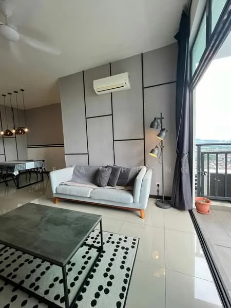 Living features: 3-seater fabric sofa in grey, glass coffee table, area rug with geometric pattern, floor-to-ceiling windows, sliding glass door, curtains, 1 wall-mounted split AC, pendant lighting, decorative floor lamp, polished tile flooring, grey painted walls, crown moulding; style: modern; view: city.