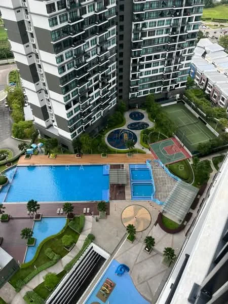 Exterior type: high-rise condominium; features: infinity pool, lap pool, children's playground, basketball court, tennis court, landscaped garden, manicured lawn, pool deck with loungers, outdoor dining area, water features, surrounded by greenery, multi-storey building; style: modern.