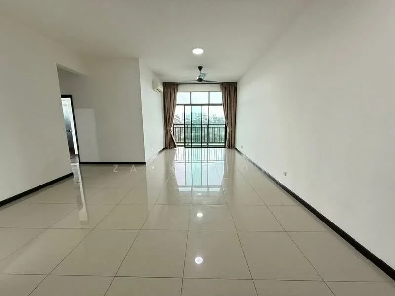 Living features: white painted walls, glossy ceramic tile flooring, ceiling fan, floor-to-ceiling windows, curtains, balcony access, recessed downlights, open layout; style: modern; view: city.