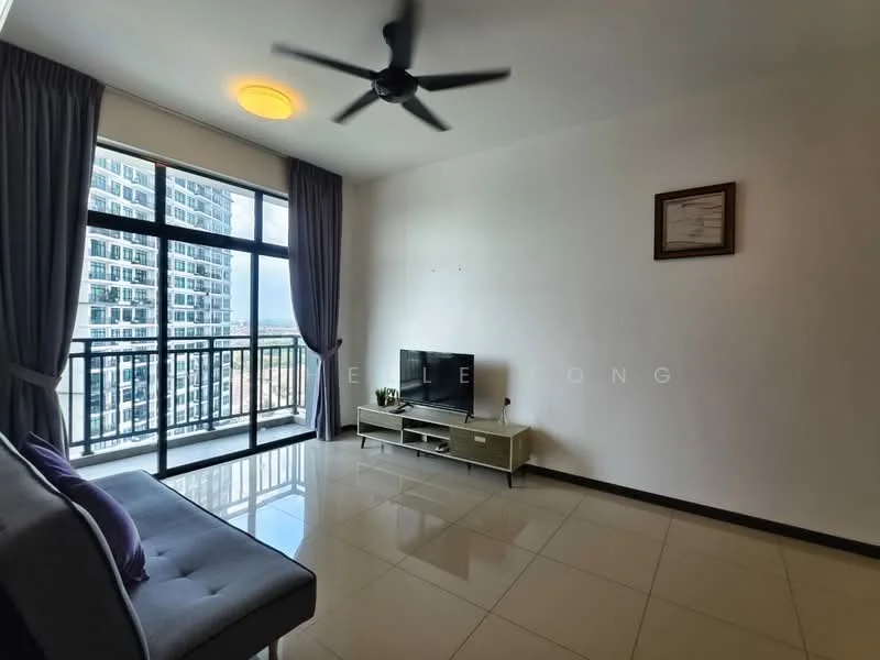 Living features: grey fabric sofa, coffee table, wall-mounted TV, TV console, 5-blade ceiling fan, large floor-to-ceiling windows, curtains, glossy tile flooring, white painted walls, decorative wall frame; style: modern; view: city.