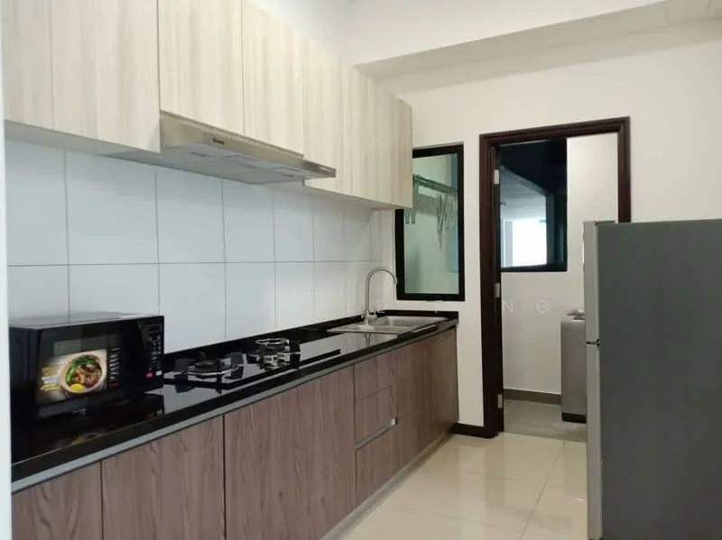 Kitchen features: black granite countertop, light wood cabinetry, stainless-steel sink, chrome pull-down faucet, built-in gas hob, built-in range hood, microwave, stainless-steel fridge, white tiled backsplash, ceramic tile flooring, window with view, open shelving, laundry area visible through window; style: modern.