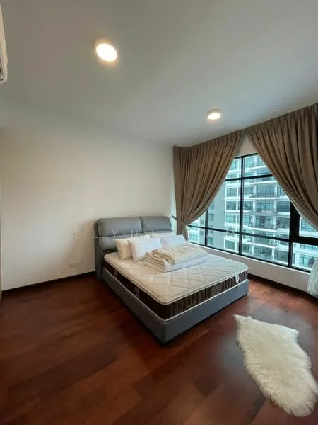 Bedroom features: king-size bed, upholstered headboard, wood flooring, floor-to-ceiling windows, sheer curtains, recessed downlights, decorative throw pillows, area rug, air conditioning unit; style: modern; view: city.