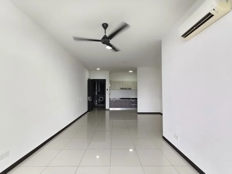 Living features: white painted walls, glossy ceramic tile flooring, 5-blade ceiling fan, wall-mounted split AC, recessed downlights, open layout, large windows, neutral color scheme; style: modern. Kitchen features: kitchen cabinetry, countertop, stainless-steel sink, kitchen appliances, open to living area; style: modern.