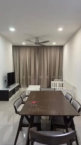 Dining features: rectangular wooden dining table, 6 upholstered dining chairs, wall-mounted TV, light grey curtains, recessed LED downlights, 5-blade ceiling fan, cream painted walls, glossy tile flooring; style: modern.