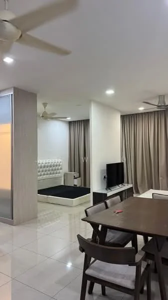 Living features: white painted walls, glossy tile flooring, 5-blade ceiling fan, recessed LED downlights, wall-mounted TV, TV console, sofa, dining table with chairs, curtains, decorative wall panel, open layout; style: modern. Bedroom features: upholstered headboard, queen-size bed, built-in wardrobe, curtains, carpeted flooring; style: modern.