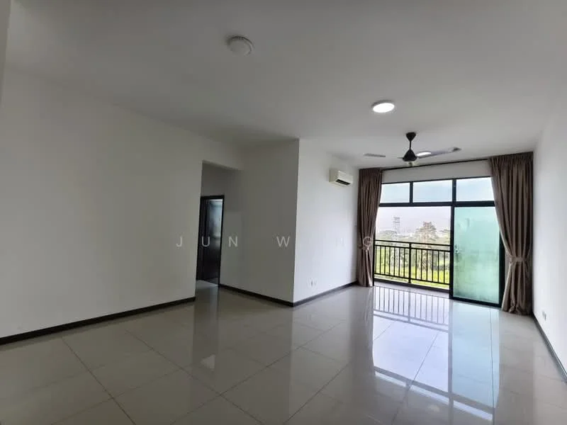 Living features: white painted walls, glossy ceramic tile flooring, 5-blade ceiling fan with light, floor-to-ceiling windows, sliding glass door, curtains, air conditioning unit, balcony access, natural light, neutral color palette; style: modern; view: garden.