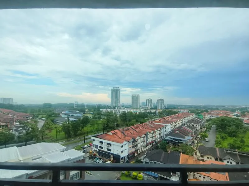 Exterior type: high-rise condominium; features: city skyline view, surrounded by residential areas, greenery in the foreground, multiple high-rise buildings, low-rise terrace houses, clear sky with clouds; style: modern.