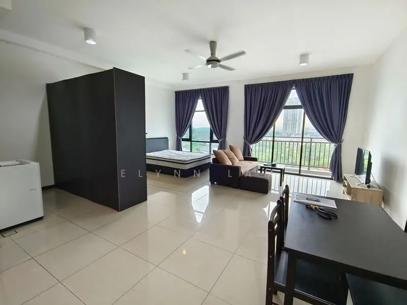 Living features: floor-to-ceiling windows, grey curtains, 3-blade ceiling fan, sofa in beige, coffee table, dining table with chairs, white tiled flooring, black partition wall, queen-size bed frame, mattress on bed frame, refrigerator, desk, wall-mounted TV, decorative wall art; style: modern; view: city.