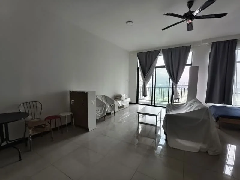 Living features: grey tiled flooring, white painted walls, 5-blade ceiling fan, floor-to-ceiling windows, blackout curtains, dining table with 2 chairs, sofa covered with white fabric, bed with blue bedding, balcony view, decorative wall with no visible features; style: modern; view: city.