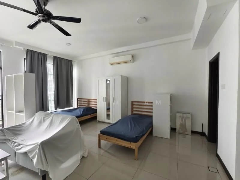 Bedroom features: 2 single beds with blue mattresses, white bedding cover, white wardrobe with sliding doors, white refrigerator, ceiling fan, air conditioning unit, grey curtains, tile flooring, white painted walls; style: modern.
