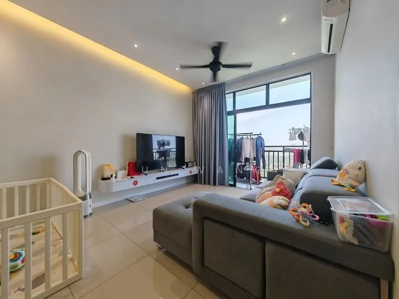Living features: grey fabric sectional sofa, white TV console, wall-mounted TV, ceiling fan with light, large sliding glass door, floor-to-ceiling windows, curtains, tile flooring, decorative toys, baby playpen, area rug, wall-mounted air conditioning unit; style: modern; view: city.