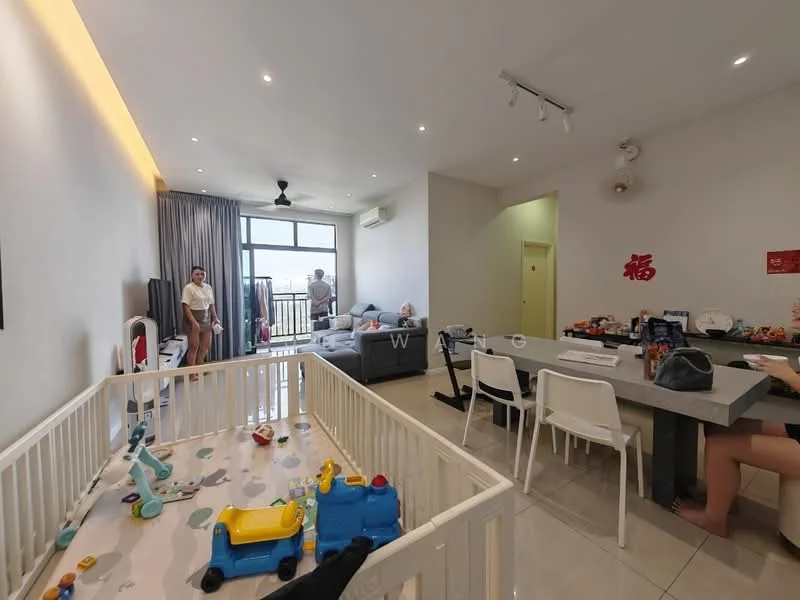 Living features: grey fabric sofa, white dining table with chairs, floor-to-ceiling windows, sliding glass door, light-colored walls, recessed downlights, ceiling fan, tile flooring, decorative wall art, baby playpen, coffee table, TV console, area rug; style: modern; view: city.