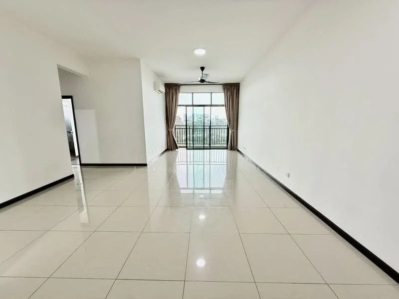 Living features: white painted walls, glossy ceramic tile flooring, ceiling fan, floor-to-ceiling windows, curtains, balcony access, neutral color scheme, open layout; style: modern; view: city.