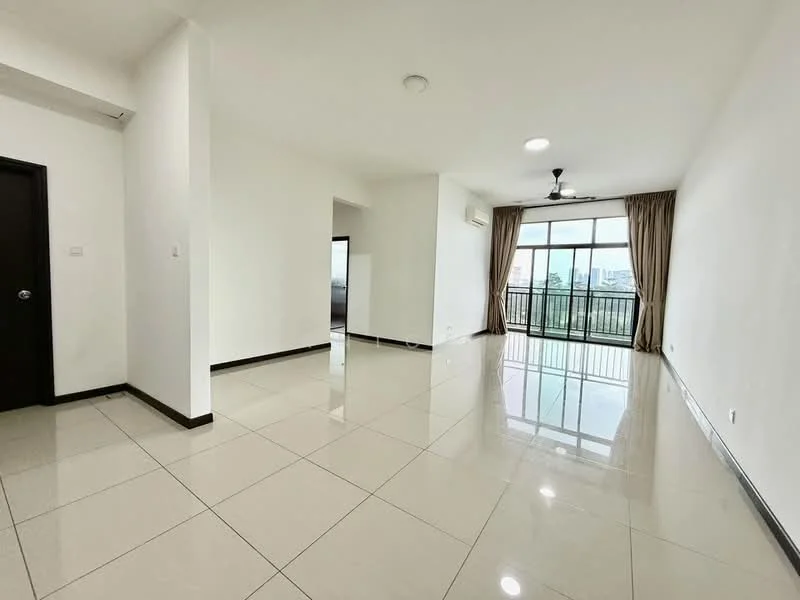 Living features: white painted walls, polished ceramic tile flooring, 5-blade ceiling fan with light, floor-to-ceiling windows, curtains, air conditioning unit, balcony access, natural light; style: modern; view: city.