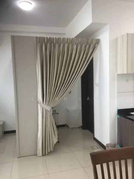 Room features: curtain partition, white walls, cream-colored curtains, tile flooring, recessed ceiling light, open layout, kitchen cabinetry, kitchen countertop; style: modern.
