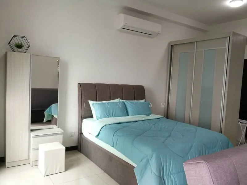 Bedroom features: king-size bed with upholstered headboard, light blue bedding, white walls, tile flooring, 1 wall-mounted split AC, built-in wardrobe with sliding doors, full-length mirror, small white stool, decorative plant on top of wardrobe; style: modern.