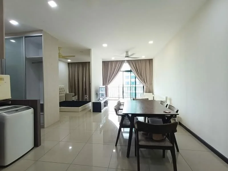 Living features: large floor-to-ceiling windows, sliding glass door, cream painted walls, recessed LED downlights, 5-blade ceiling fan, marble tile flooring, curtains, balcony view, dining table with chairs, sofa, TV console, decorative wall panel; style: modern; view: city. Kitchen features: white cabinetry, stainless-steel fridge, top-load washing machine, countertop space; style: modern.