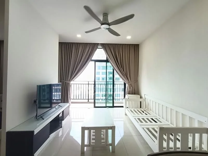 Living features: white painted walls, glossy tile flooring, 5-blade ceiling fan with light, floor-to-ceiling windows, sliding glass door, sheer curtains, white wooden sofa, white coffee table, TV console, wall-mounted TV; style: modern; view: city.