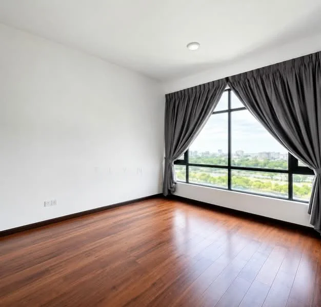 Bedroom features: wooden flooring, white painted walls, floor-to-ceiling windows, grey curtains, recessed downlights; style: modern; view: garden.