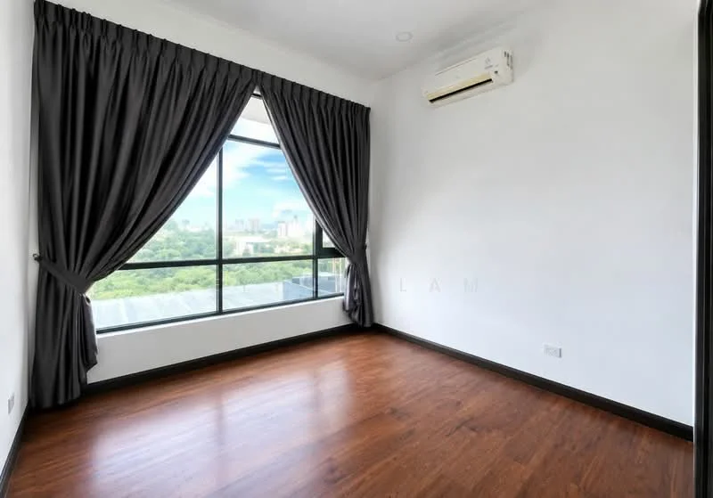 Room features: large floor-to-ceiling window, blackout curtains, wooden flooring, wall-mounted split AC, white painted walls, crown moulding, city view; style: modern; view: city.