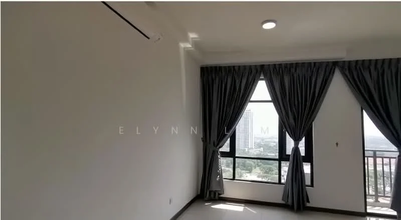 Room features: white painted walls, grey curtains, floor-to-ceiling windows, tile flooring, 1 wall-mounted split AC, recessed downlights; style: modern; view: city.