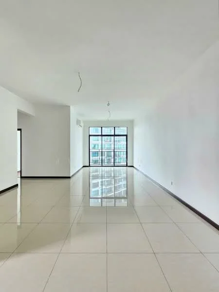 Living features: white painted walls, glossy ceramic tile flooring, floor-to-ceiling windows, recessed downlights, air conditioning unit, open layout, neutral color scheme, high ceiling; style: modern; view: city.