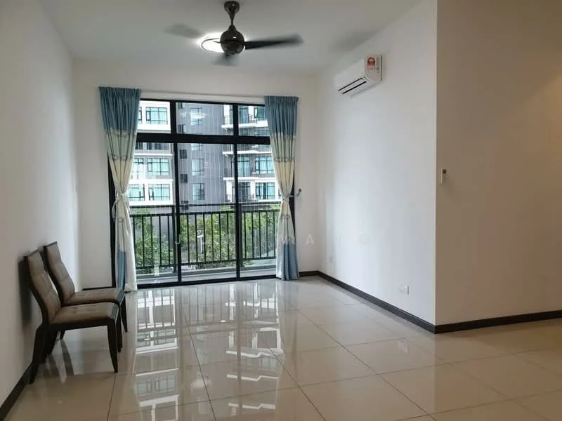 Living features: white painted walls, glossy ceramic tile flooring, 5-blade ceiling fan, floor-to-ceiling windows, sliding glass door, curtains in blue and cream, air conditioning unit, two wooden chairs; style: modern; view: garden.