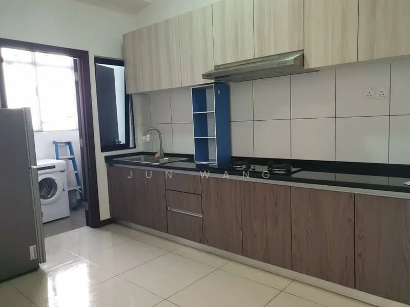 Kitchen features: laminate cabinetry in light wood finish, black granite countertop, stainless-steel sink, chrome pull-down faucet, built-in gas hob, built-in range hood, white tiled backsplash, ceramic tile flooring, floor-to-ceiling window, refrigerator, washing machine visible in adjacent room; style: modern.
