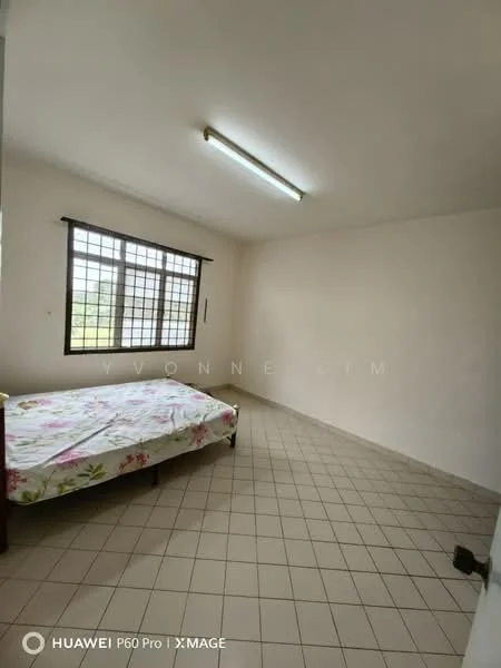 Bedroom features: single bed with floral bedding, white painted walls, tile flooring, window with grid pattern, ceiling light fixture, neutral color scheme.